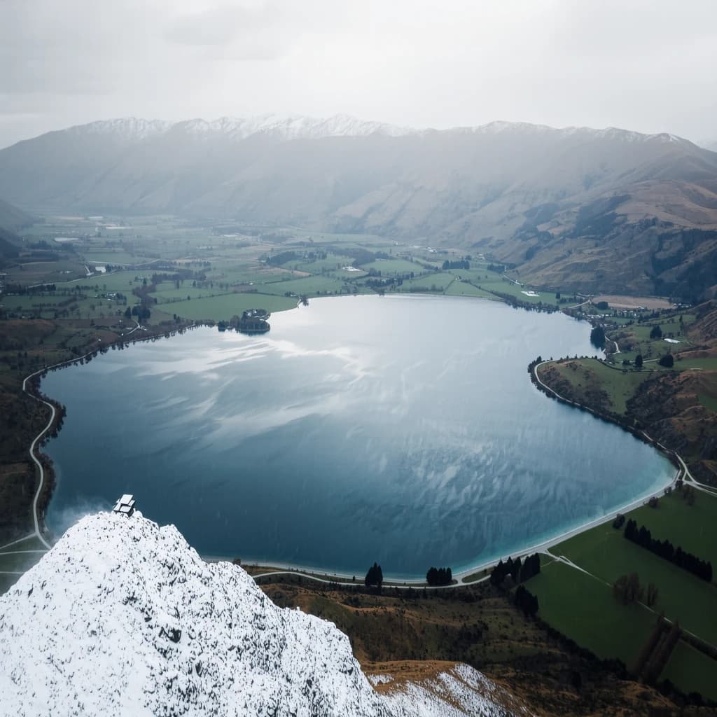 Queenstown's Lake Wakatipu, viewed from the top of Queenstown Hill after a snowstorm just dusted the top of Cecil's Peak