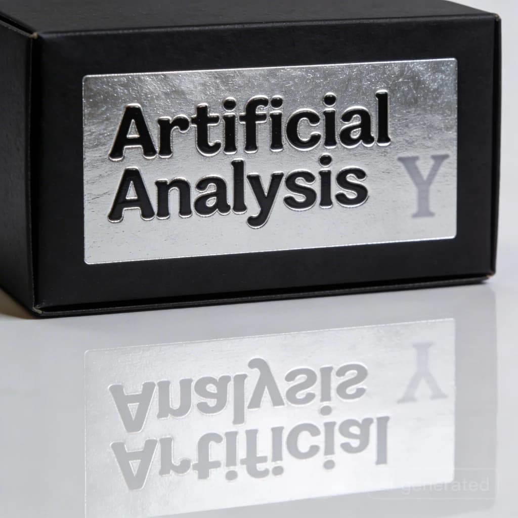 On the black box, silver foil embossing, centered: "Artificial Analysis" in Comic Sans Small Caps, perfectly justified. The letters are crisp, but the “Y” is duplicated faintly, ghosting right. On the box’s reflection, the word order is inverted: ARTIFICIAL ANALYSIS.