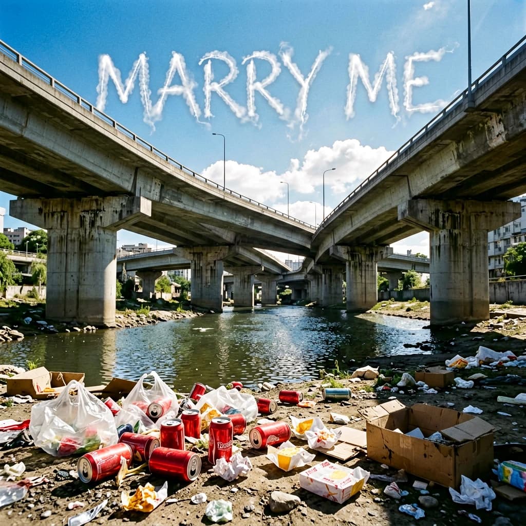 Red soda cans and other garbage sit strewn across the bank of an urban river only a few metres wide. Concrete overpasses criss cross overhead on a bright and sunny day. Fading skywriting proposes marriage