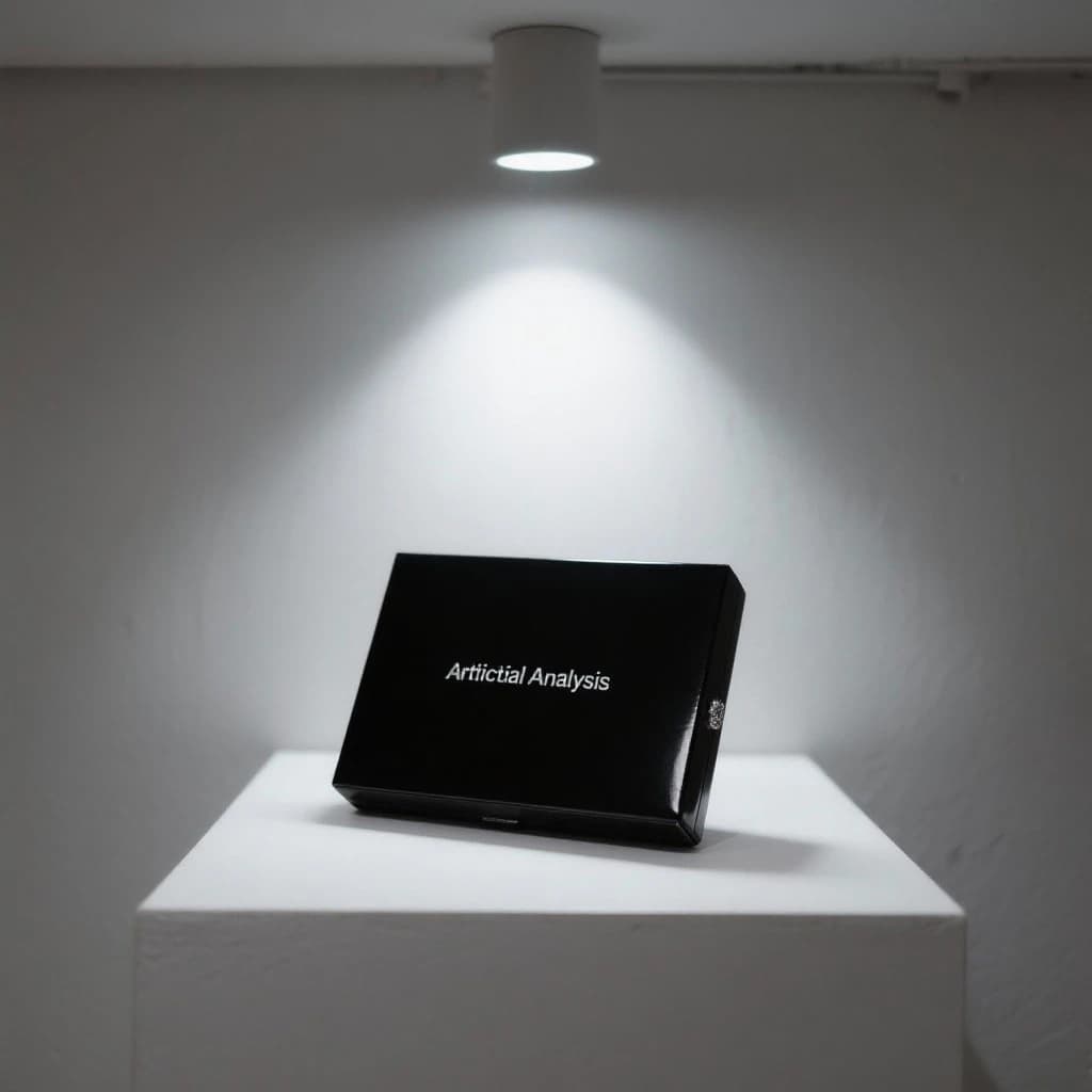 A premium matte black laptop-sized box rests on a pure white pedestal within a gallery space. Overhead, a single spotlight carves sharp contrast, leaving the edges in deep shadow. The brand name Artificial Analysis is embossed in silver foil, glinting faintly as though it were jewelry.