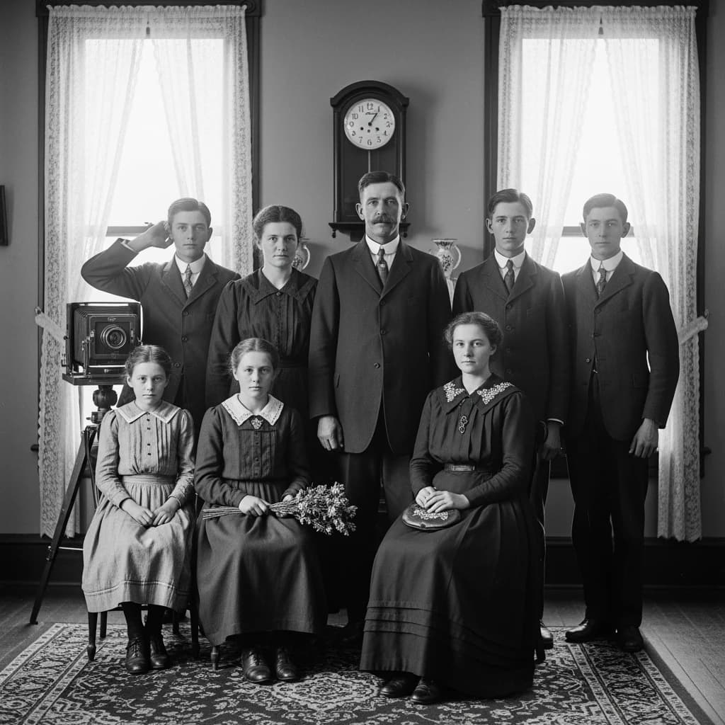 Everybody holds still and nobody smiles for the family portrait. It's 1928 in Kansas