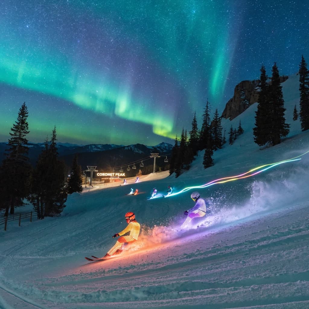 Coronet Peak Night Skiing: Skiers in colorful LED suits carve their way down the slopes of New Zealand's Coronet Peak under the Aurora Borealis, the skiers' light trails visible behind them