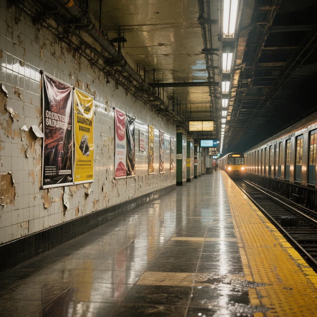 A subterranean subway platform with glossy tiles, peeling posters, flickering fluorescent lights, yellow safety line, and a distant train coming; slightly damp, echoes carry.