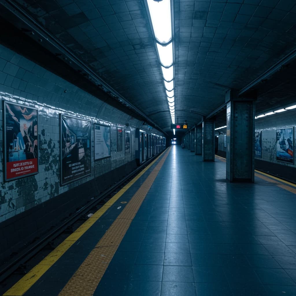 A subterranean subway platform with glossy tiles, peeling posters, flickering fluorescent lights, yellow safety line, and a distant train coming; slightly damp, echoes carry.