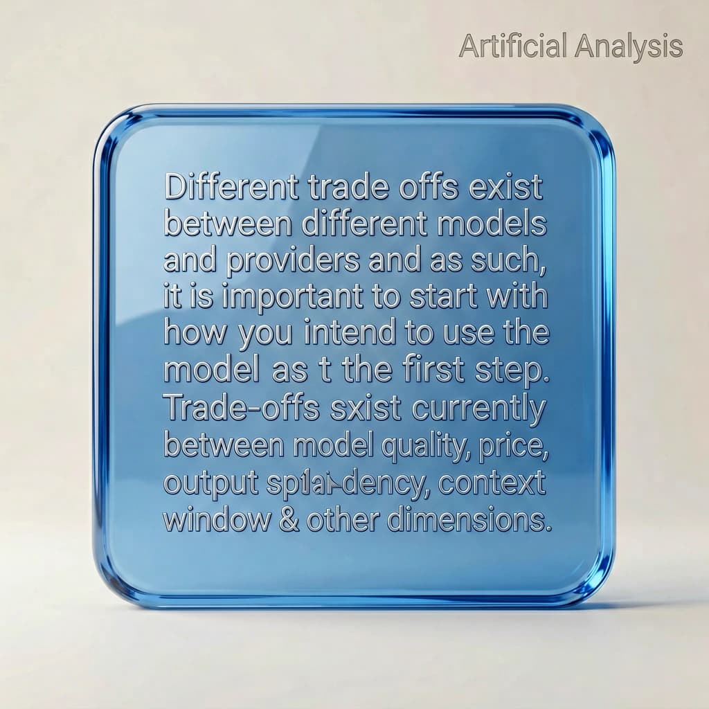 In a clear transparent blue glassy rounded box, etch "Different trade offs exist between different models and providers and as such, it is important to start with how you intend to use the model as the first step. Trade-offs exist currently between model quality, price, output speed, latency, context window & other dimensions. " in sans serif medium weight text. Artificial Analysis is watermarked over the top right 