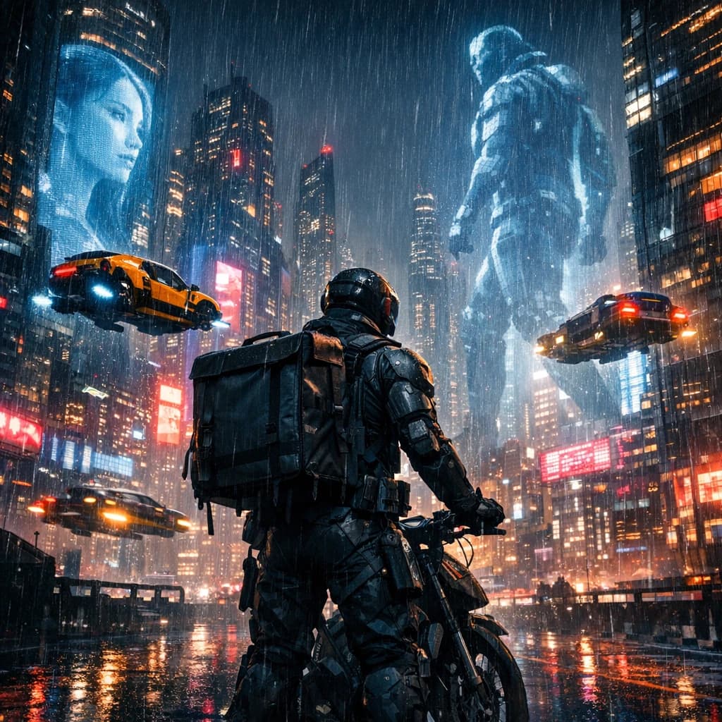 Rain-soaked neon megacity at night, flying taxis weave between glass towers, giant holograms flicker; a lone courier in a matte exosuit, somewhat cinematic wide angle.