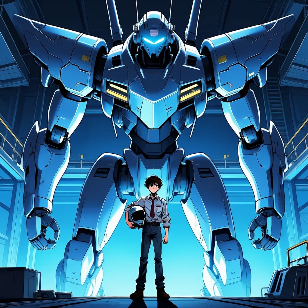 A teenage pilot grips his helmet under one arm, standing at the edge of a glowing hangar bay. Before him looms a sleek, steel-blue mech, its eyes lit with a cold electric glare. His school uniform is rumpled, a sharp contrast to the machine’s flawless plating. The vast scale engulfs him in shadow, emphasizing both awe and dread. Hand-drawn anime style.