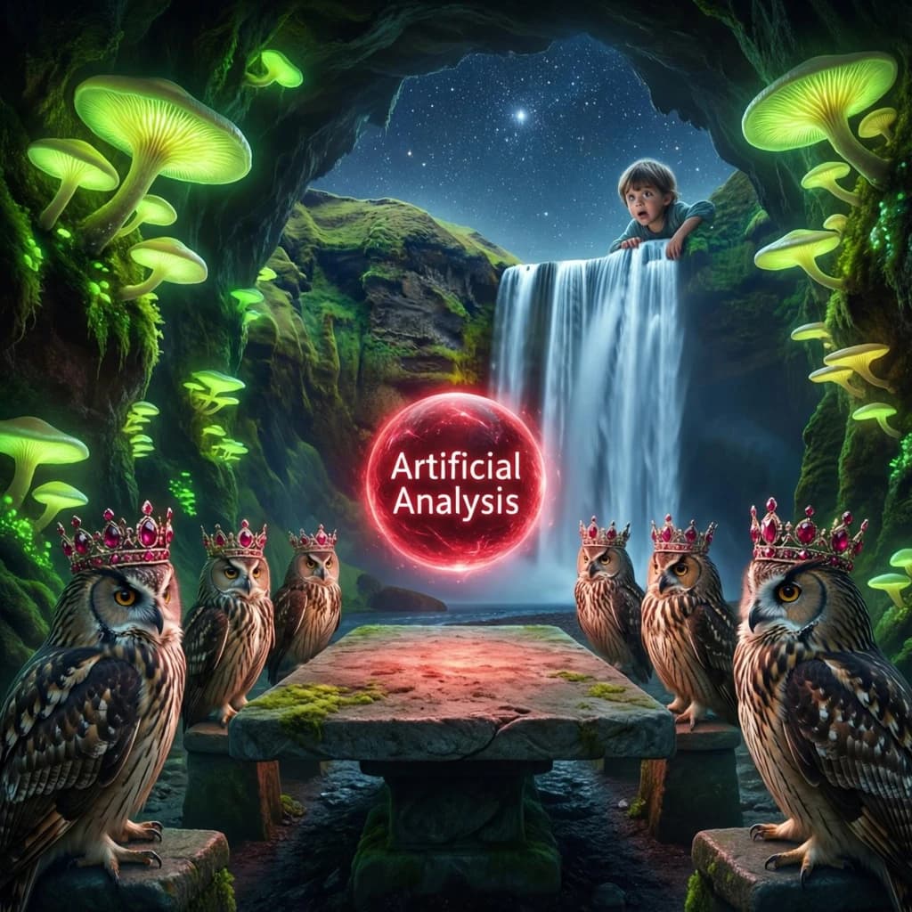 In a cavern lined with bioluminescent fungi glowing lime green, the council of owls wear jeweled crowns that glimmer with rubies, their wings folded behind their backs. Dust coats the stone table, a glowing orb inscribed with “Artificial Analysis” hovers above the table illuminating the owls with its red pulsating light. Behind them, a waterfall falls upward into a ceiling that opens onto stars - a child looks down in wonder from above at what he has stumbled across.