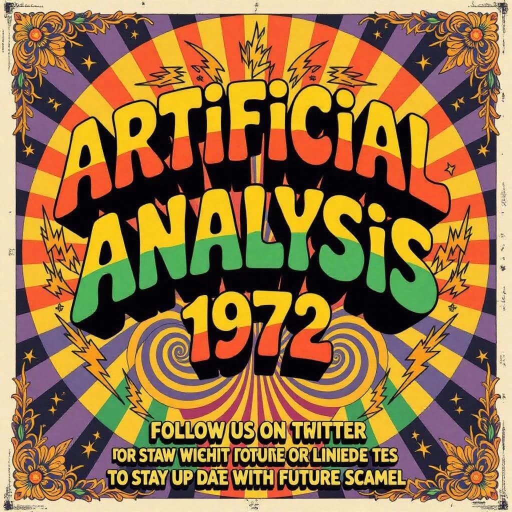 A portrait layout psychedelic concert poster from 1972 bathed in saturated oranges, deep purples, and acid greens. Swirling, hand-drawn typography arcs across the top, spelling out Artificial Analysis in bold, distorted letters that melt into spirals. Surrounded by radiating concentric circles and lightning-bolt motifs. The background is textured with halftone dots and faded paper creases, evoking a well-worn poster taped to a brick wall. Ornate floral borders frame the design, while the bottom features blocky retro lettering listing “Follow us on Twitter or LinkedIn to stay up to date with future analysis” in smaller text. 