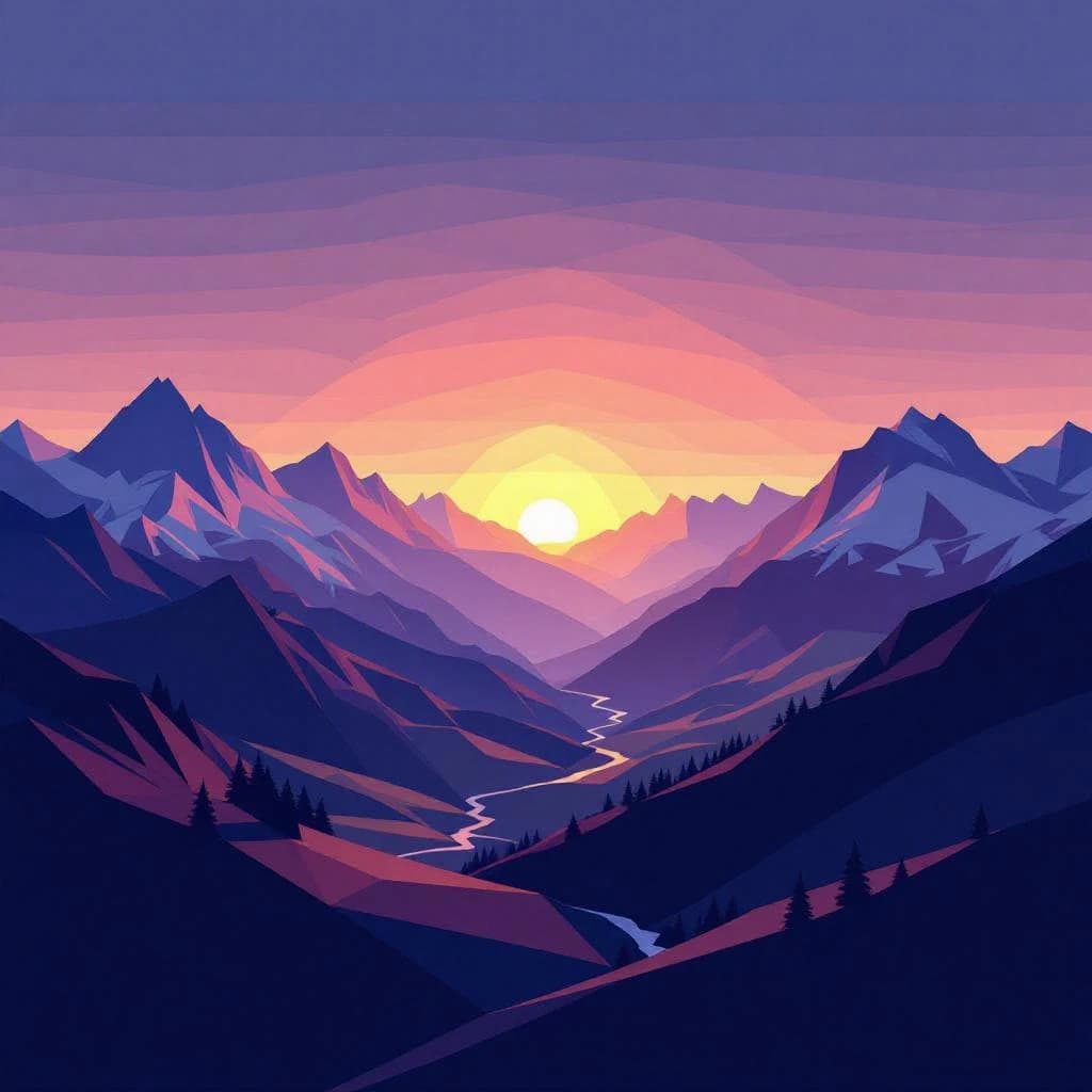 Render a low-poly alpine valley at sunset, clean gradients, long shadows.