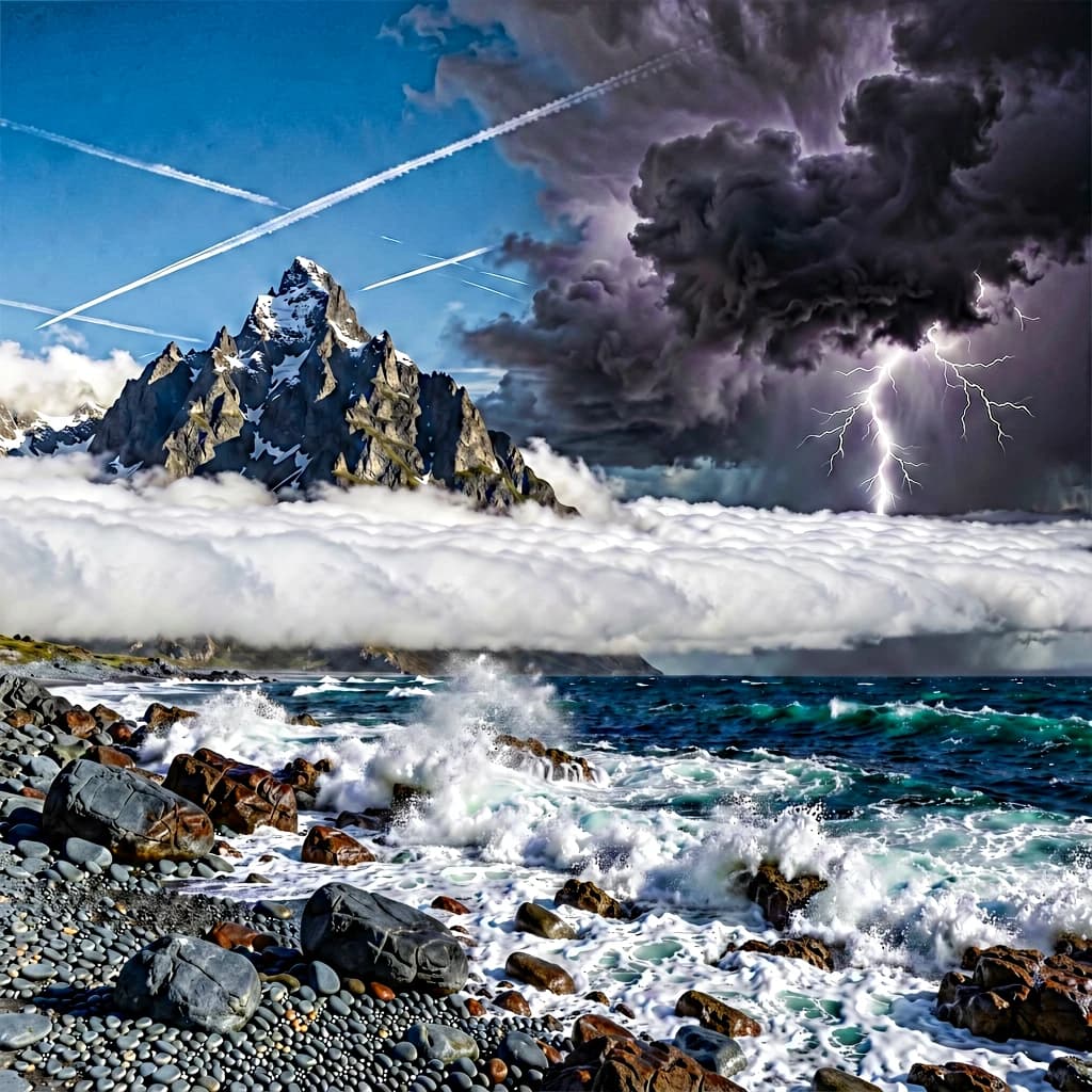 A stunning mountain vista pokes through the cloud top. Contrails from a distant airplane linger in the air. In the foreground there is a stony beach with foamy seas. A thunder storm is visibile in the distant right.