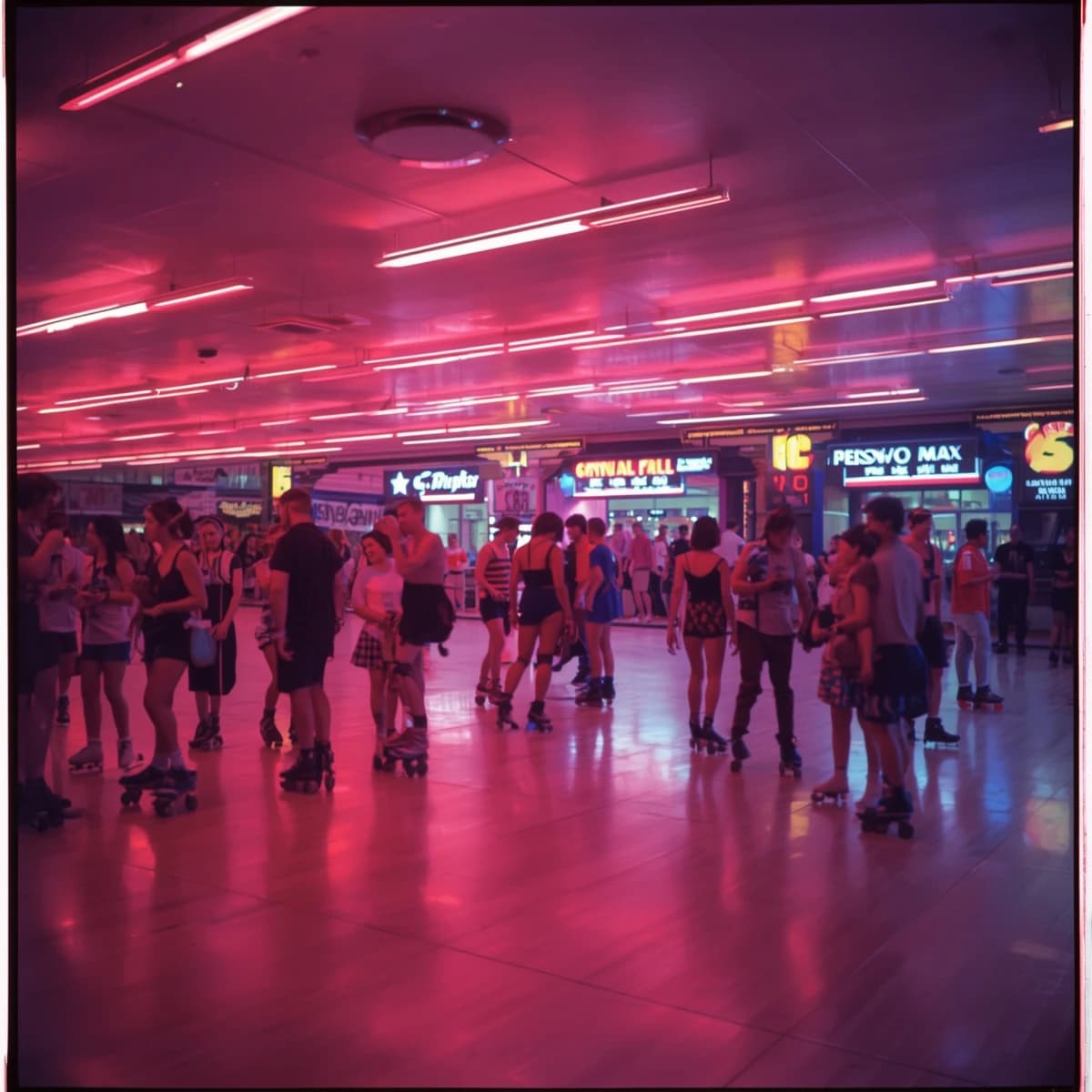A 1970s roller rink crowd skates under neon, with a bit of fade and film grain.