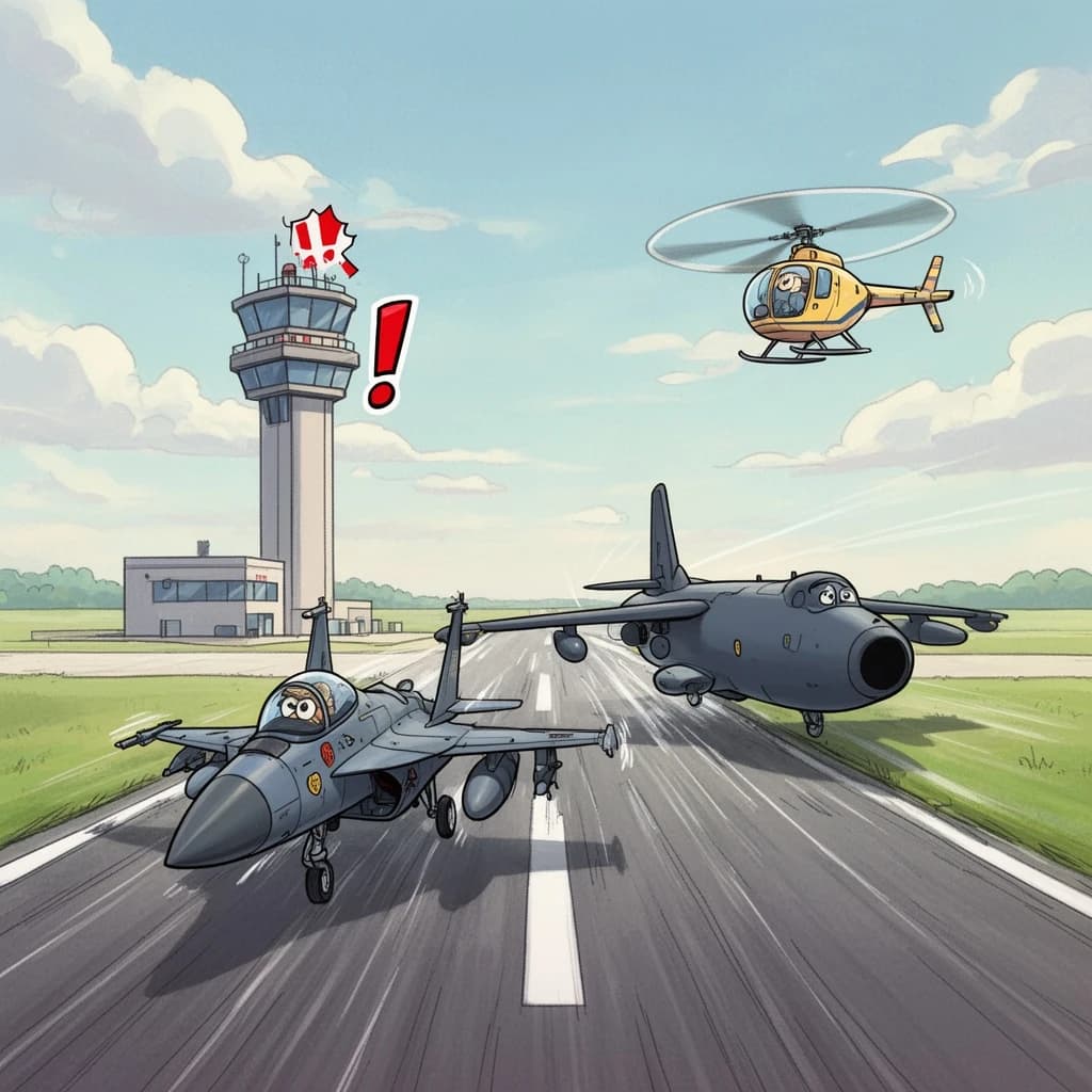 Almost at the runway, Fred the Fighter Jet is racing with Barry the Bomber to see who lands first. Fred has a mischievous trick up his sleeve but Hermione the Helicopter is going to stop him before he gets the chance. The control tower is very angry and has a big exclamation mark. Hand drawn cel look