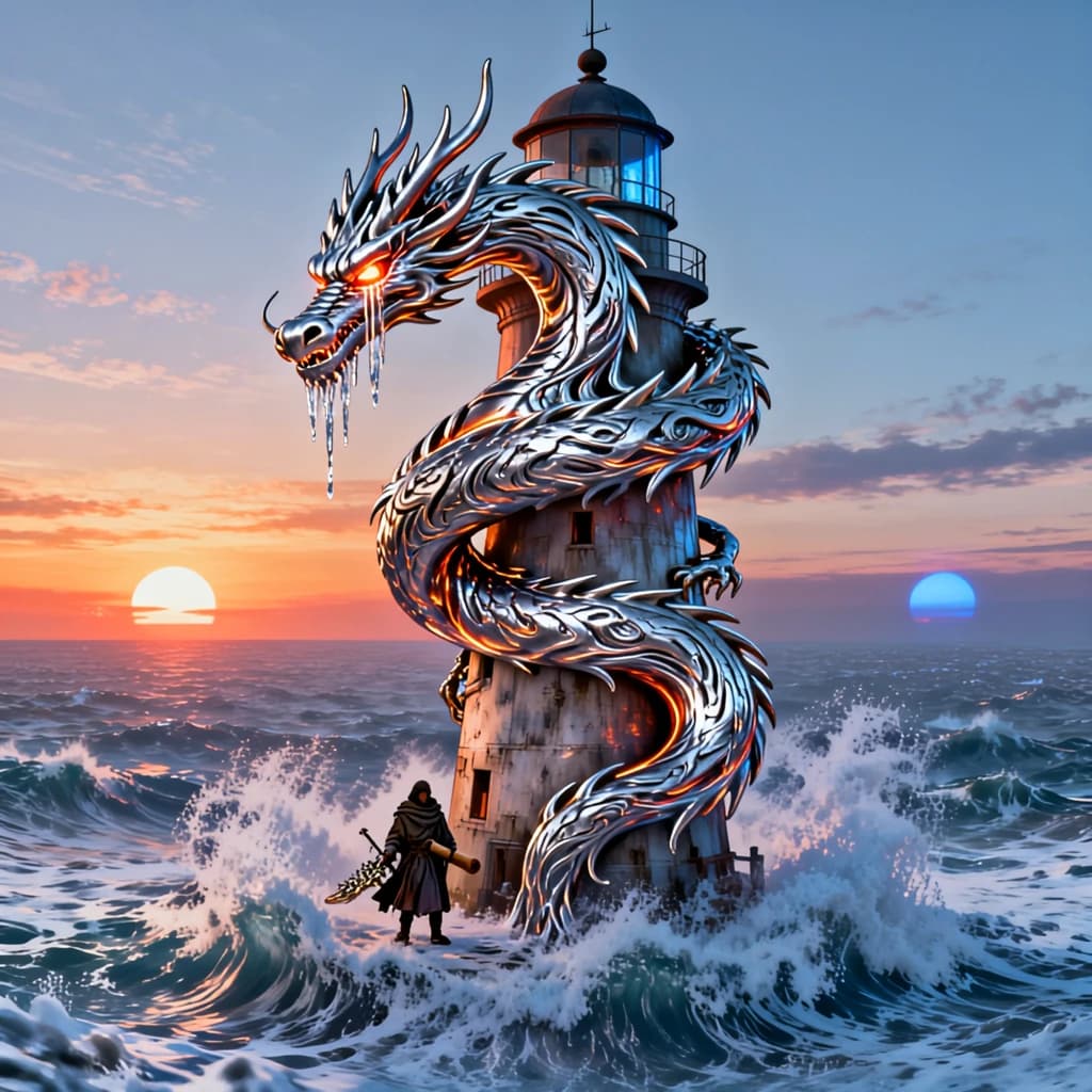 A dragon of molten silver coils around a lighthouse. The storming sea below crashes upward in frozen stillness, as though caught mid-motion. The dragon’s molten eyes drip tears of ice. On the horizon, two suns set next to each other, casting orange light on one side of the tower and blue on the other. A cloaked traveler carries an ancient weapon in his left hand and a scroll in his right.