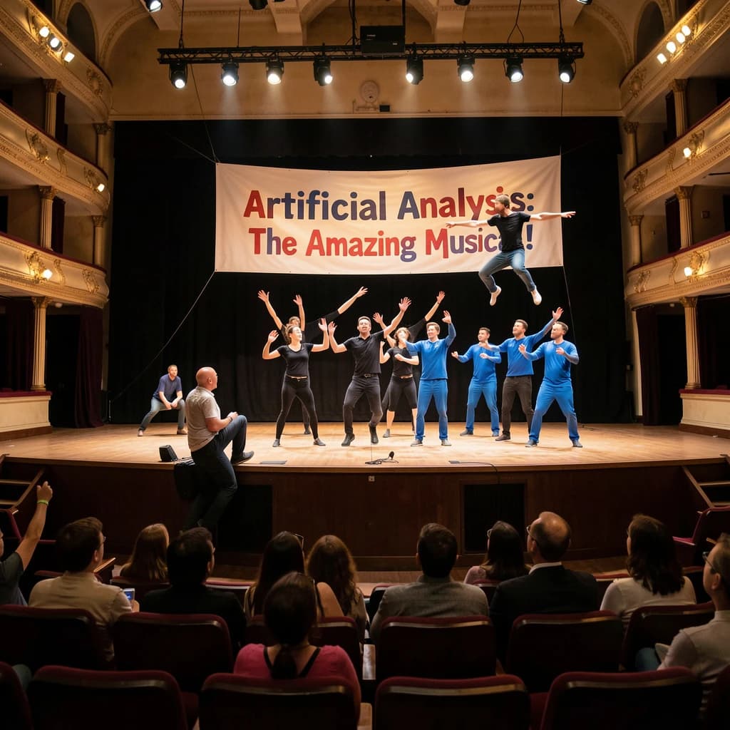 The musical troupe do a rehearsal in a large, empty theatre. 9 people are on the stage, half wear black and the others wear blue. The skinny bald director, seated in the second row, is practically leaping out of their seat with excitement as the leads nail their aerial. A giant banner reading "Artificial Analysis: The Amazing Musical!" is behind the actors.