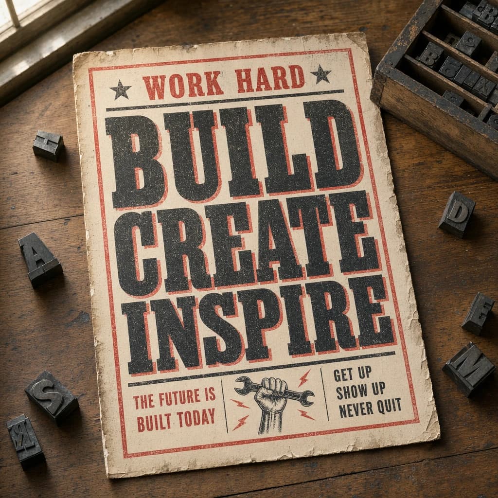 A vintage letterpress poster on a wooden desk: bold slab serif headline, tight kerning, misregistered ink, slightly worn edges, scattered metal type, soft window light.