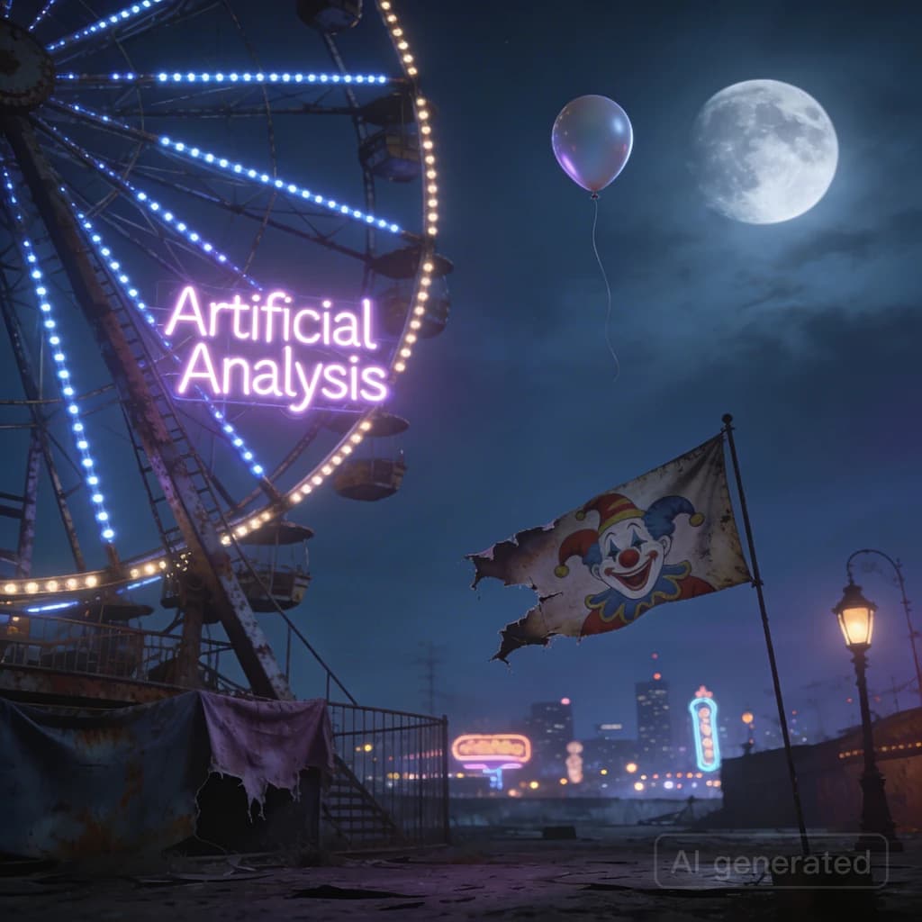 A deserted amusement park glows faintly under a half-moon. The ferris wheel is rusting yet strung with fresh, blinking LED lights. A torn clown banner flaps in a windless air. A lone balloon floats upward, tethered to nothing, while in the far distance city lights flicker on - some neon, some gas lamps as though from another century. 'Artificial Analysis' glows in neon