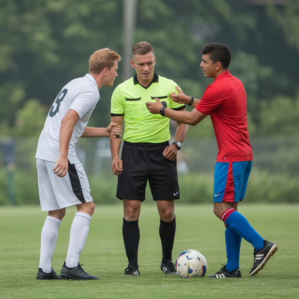 The soccer player clashes with the ref. It is thick and humid and the heat is getting to the players. His friend tries to pull him off before he causes any more trouble.