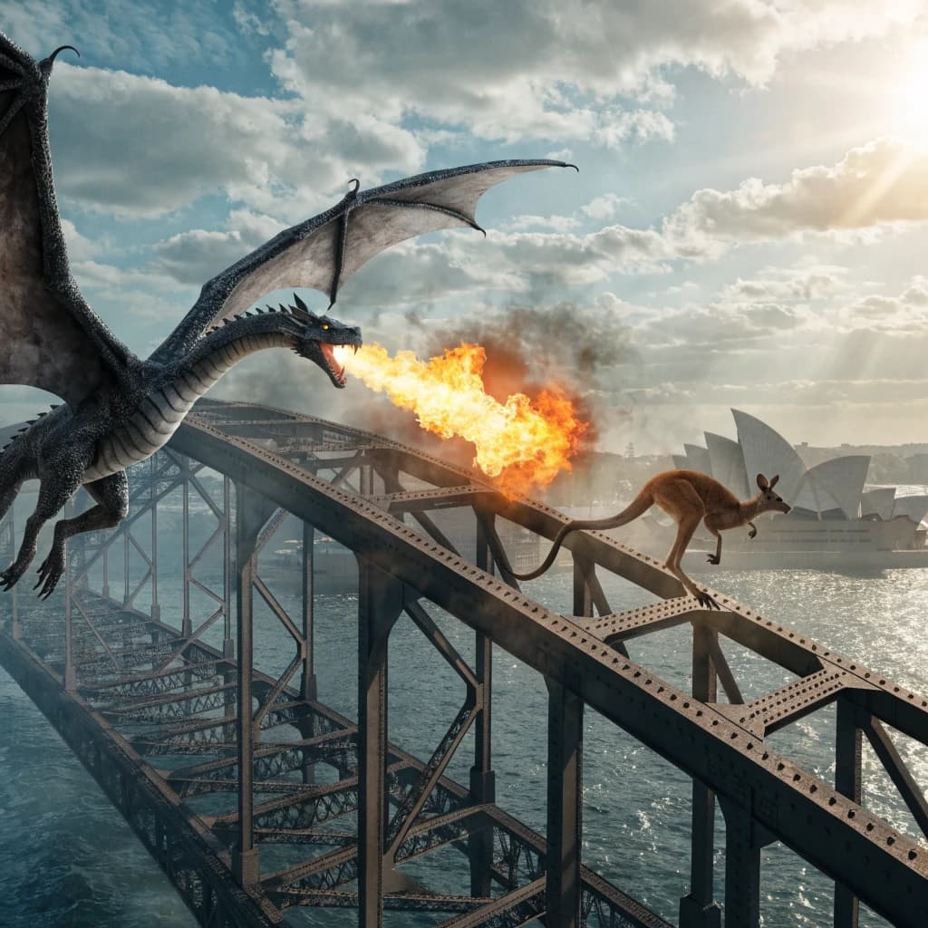 A dragon breathes fire at a kangaroo that is running away by climbing over the top of the Sydney Harbour Bridge. Opera House visible in the background.