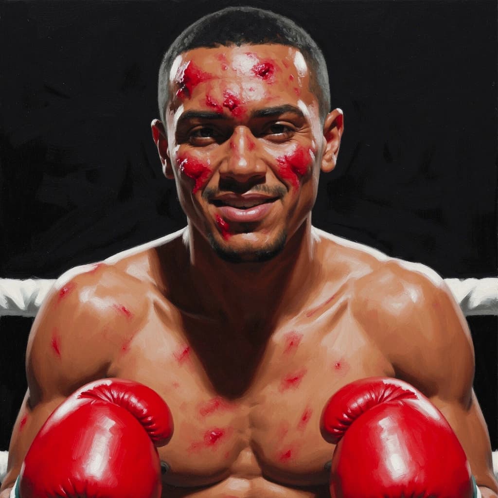 Paint a bruised boxer smiling, serious expression.