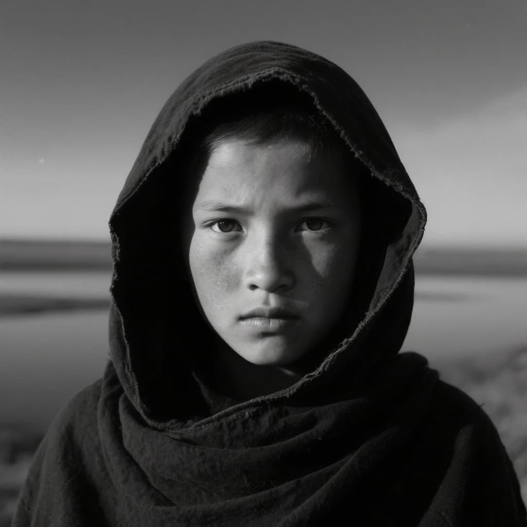 A dramatic black-and-white portrait of a young person draped in a hooded garment, their face framed by the hood's dark folds. Their skin tone and the subtle sheen on their cheeks create striking tonal contrast against the deep shadows. Their eyes are piercing, looking directly into the lens with a calm, steady intensity—neither confrontational nor submissive, but deeply present. The texture of the fabric is visible: it's dense, slightly weathered, and whisper-thin creases catch the light. In the background, an expansive, out-of-focus landscape suggests open space—perhaps distant plains or water—though the details remain soft and abstract. The overall mood is silent yet powerful, poised between vulnerability and resilience, with every highlight and shadow telling part of their story.