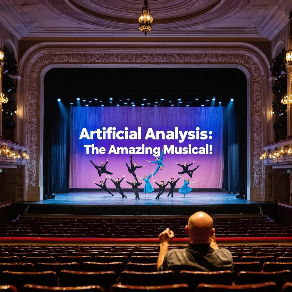 The musical troupe do a rehearsal in a large, empty theatre. 9 people are on the stage, half wear black and the others wear blue. The skinny bald director, seated in the second row, is practically leaping out of their seat with excitement as the leads nail their aerial. A giant banner reading "Artificial Analysis: The Amazing Musical!" is behind the actors.