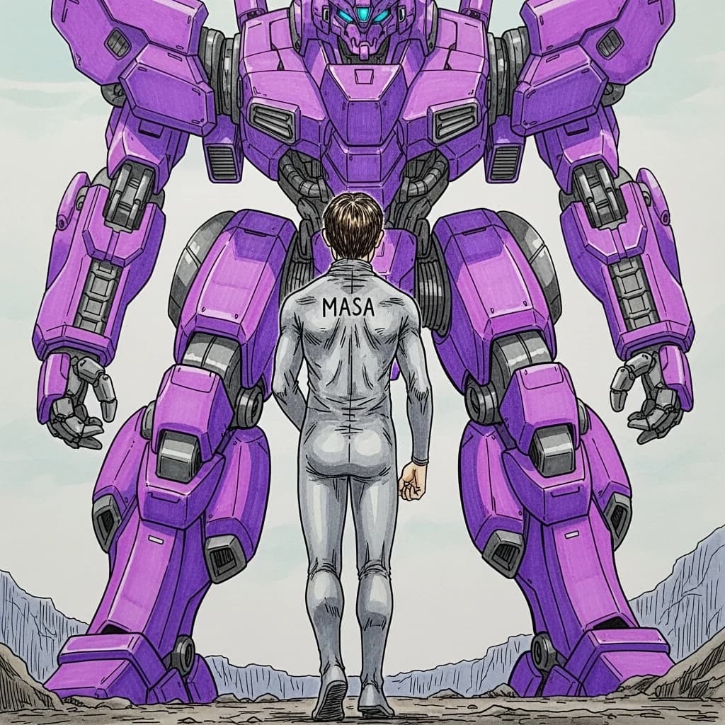 Clad in his body suit up to the neck, young Masa nervously approaches the towering mech with his back facing us. He is nervous for his first time in the field. The mech's bright purple colour scheme contrasts with the grey body suit. The scale of the mech dwarfs Masa. Hand drawn style