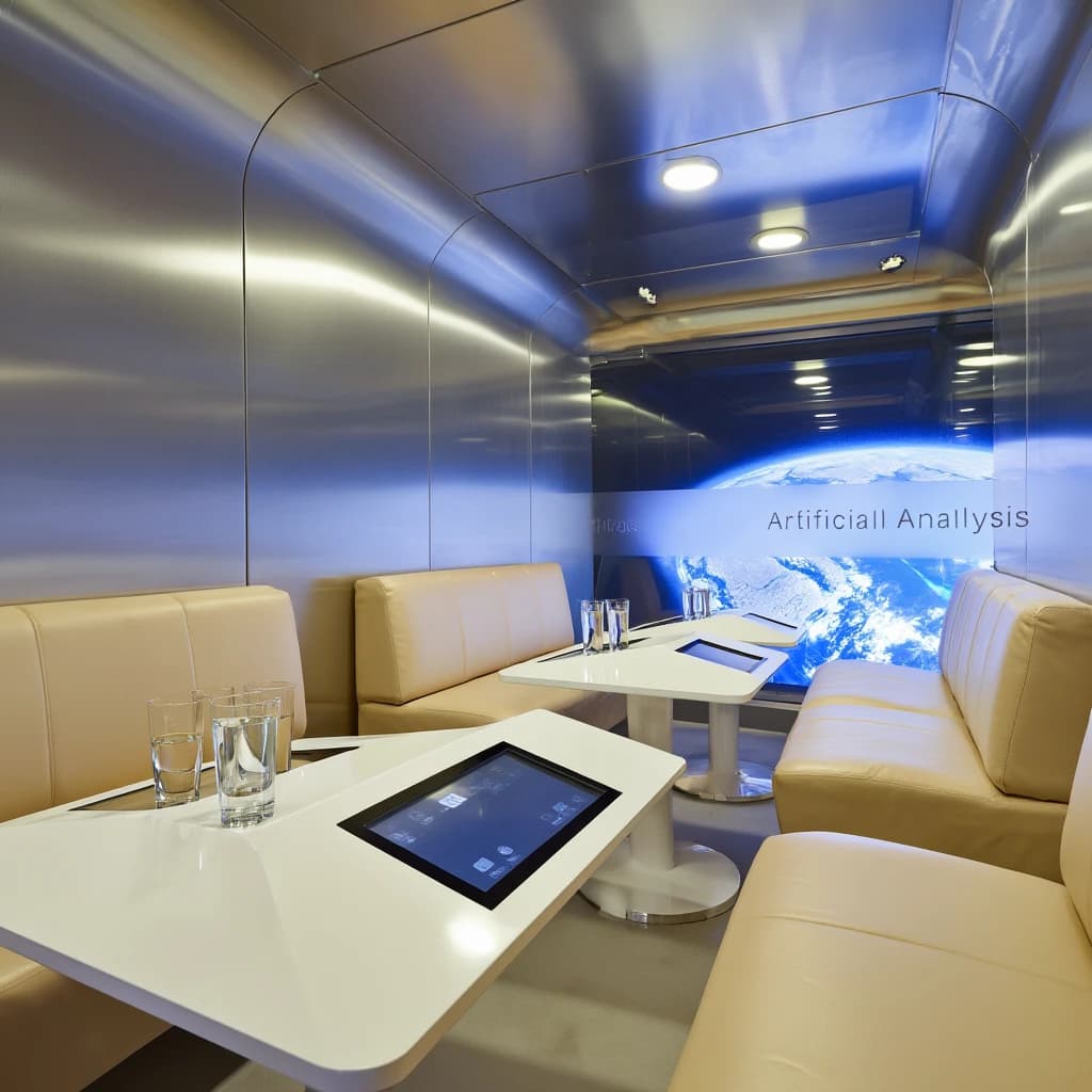 The orbital lounge has brushed aluminum walls and pale leather banquettes. Low white tables are inset with glowing touchscreens. Drinks are clear, flavorless, in tall unmarked glasses. The viewport is floor-to-ceiling, showing Earth moving slowly beneath. The word Artificial Analysis is etched discreetly on the glass in a frosted band.