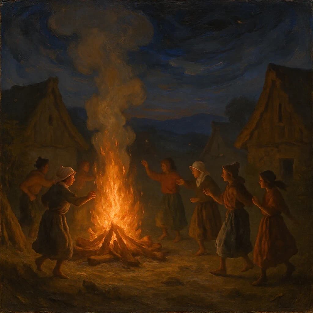 Make an oil painting of villagers dancing by a bonfire at dusk, a bit smoky.