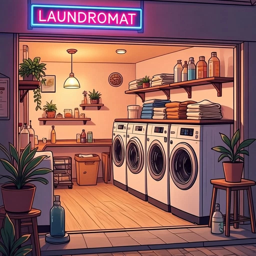 A cozy laundromat at dusk, neon humming, flat colors, bold inked lines.