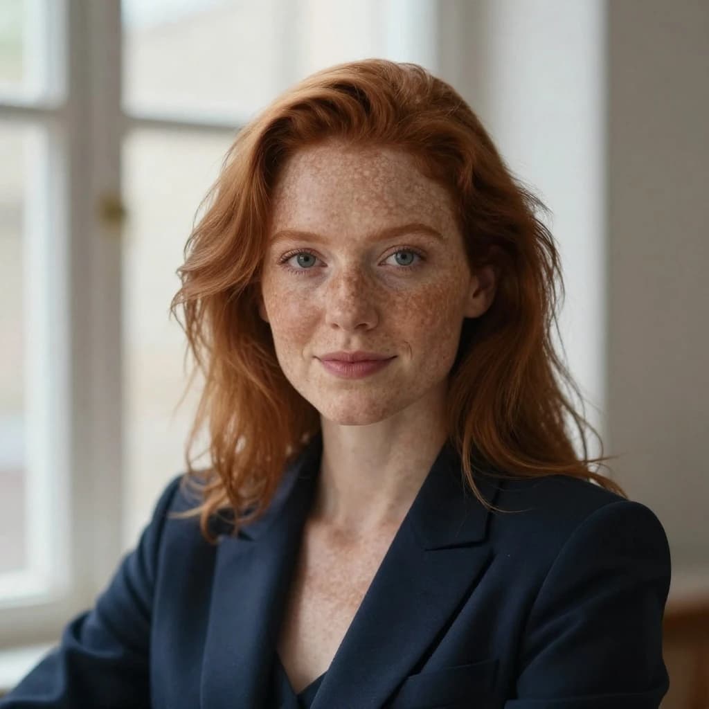 Capture a head-and-shoulders portrait of a freckled red-haired violinist in a navy blazer, soft window light, 85mm at f/1.8, gently smiling yet serious eyes, muted tones.