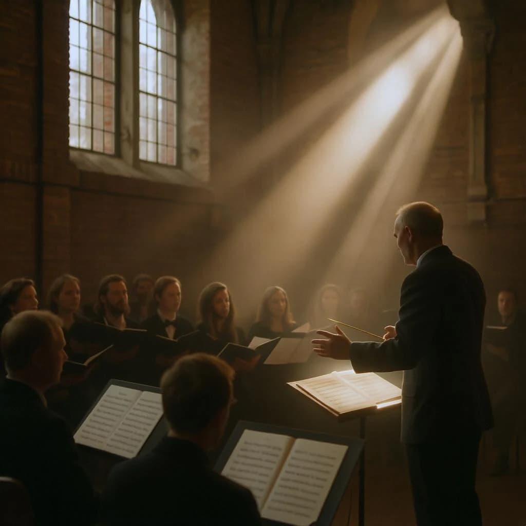 A choir rehearses in a brick hall as somewhat dramatic morning light falls through high windows, with a patient conductor mid-gesture, open scores, intent faces, slight motion blur.