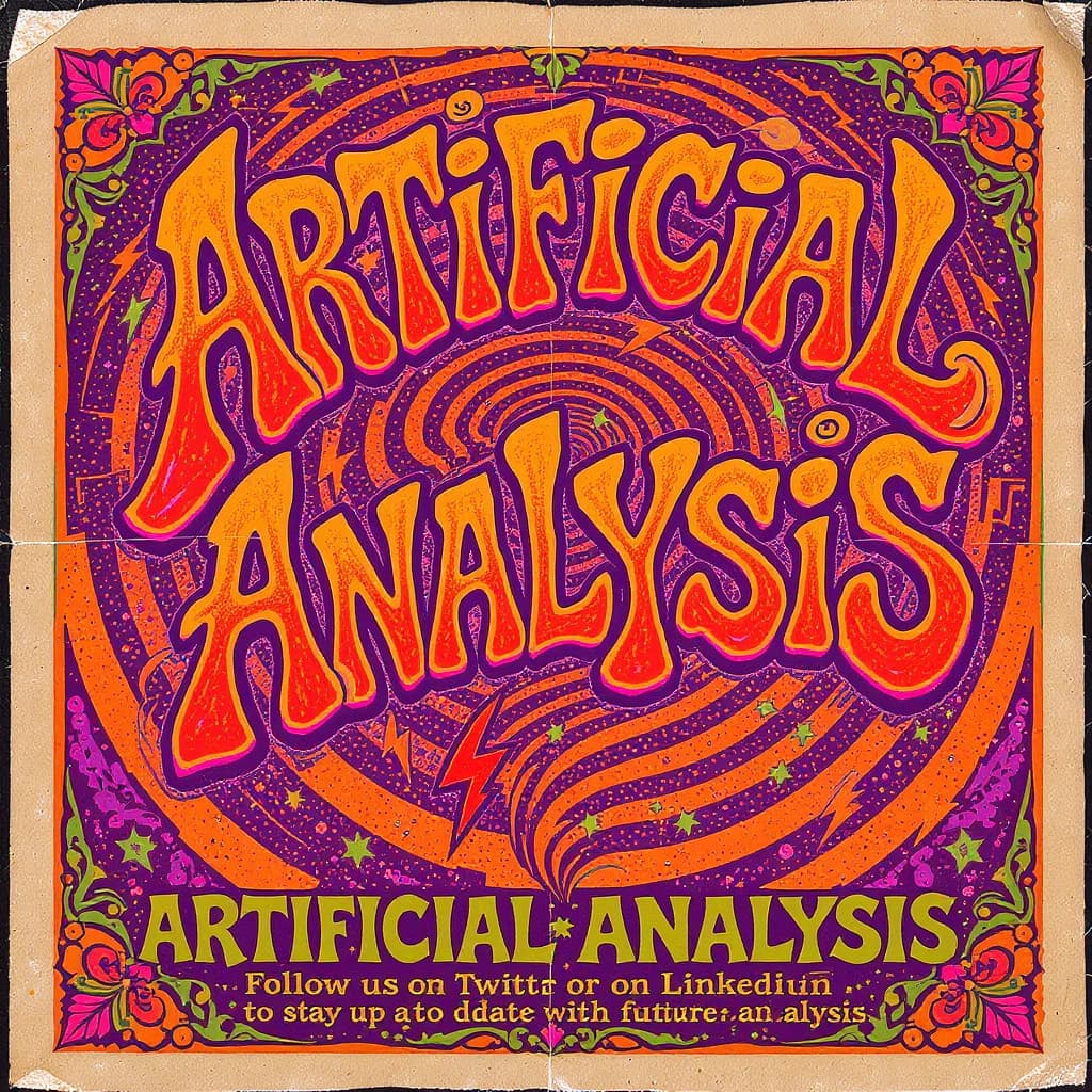A portrait layout psychedelic concert poster from 1972 bathed in saturated oranges, deep purples, and acid greens. Swirling, hand-drawn typography arcs across the top, spelling out Artificial Analysis in bold, distorted letters that melt into spirals. Surrounded by radiating concentric circles and lightning-bolt motifs. The background is textured with halftone dots and faded paper creases, evoking a well-worn poster taped to a brick wall. Ornate floral borders frame the design, while the bottom features blocky retro lettering listing “Follow us on Twitter or LinkedIn to stay up to date with future analysis” in smaller text. 