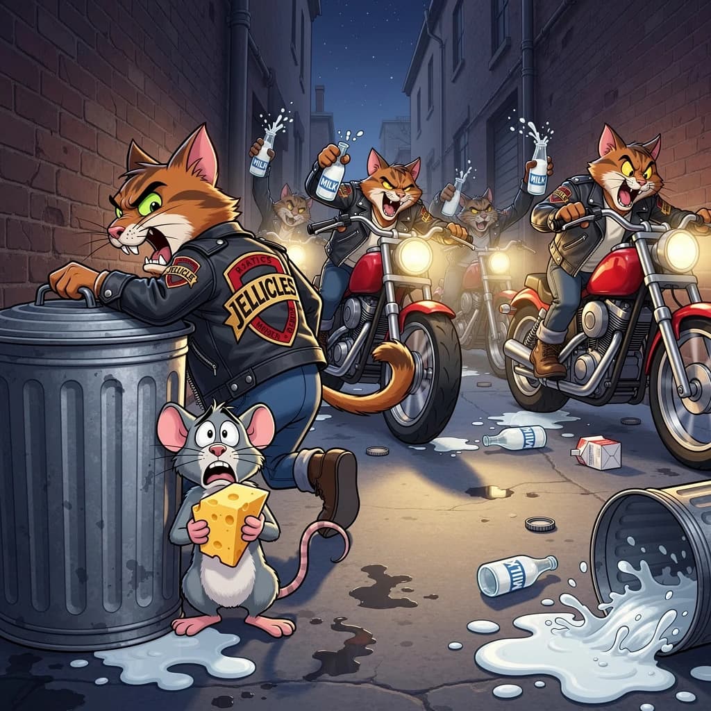 The cartoon rat clenches his thin wedge of cheese and trembles in fear as he hides from the menacing Jellicles, the roaming cat motorcycle gang, all wearing their colors with the name on the back. The cats have all drunk far too much milk and are causing a big ruckus! One cat is close to finding the rat