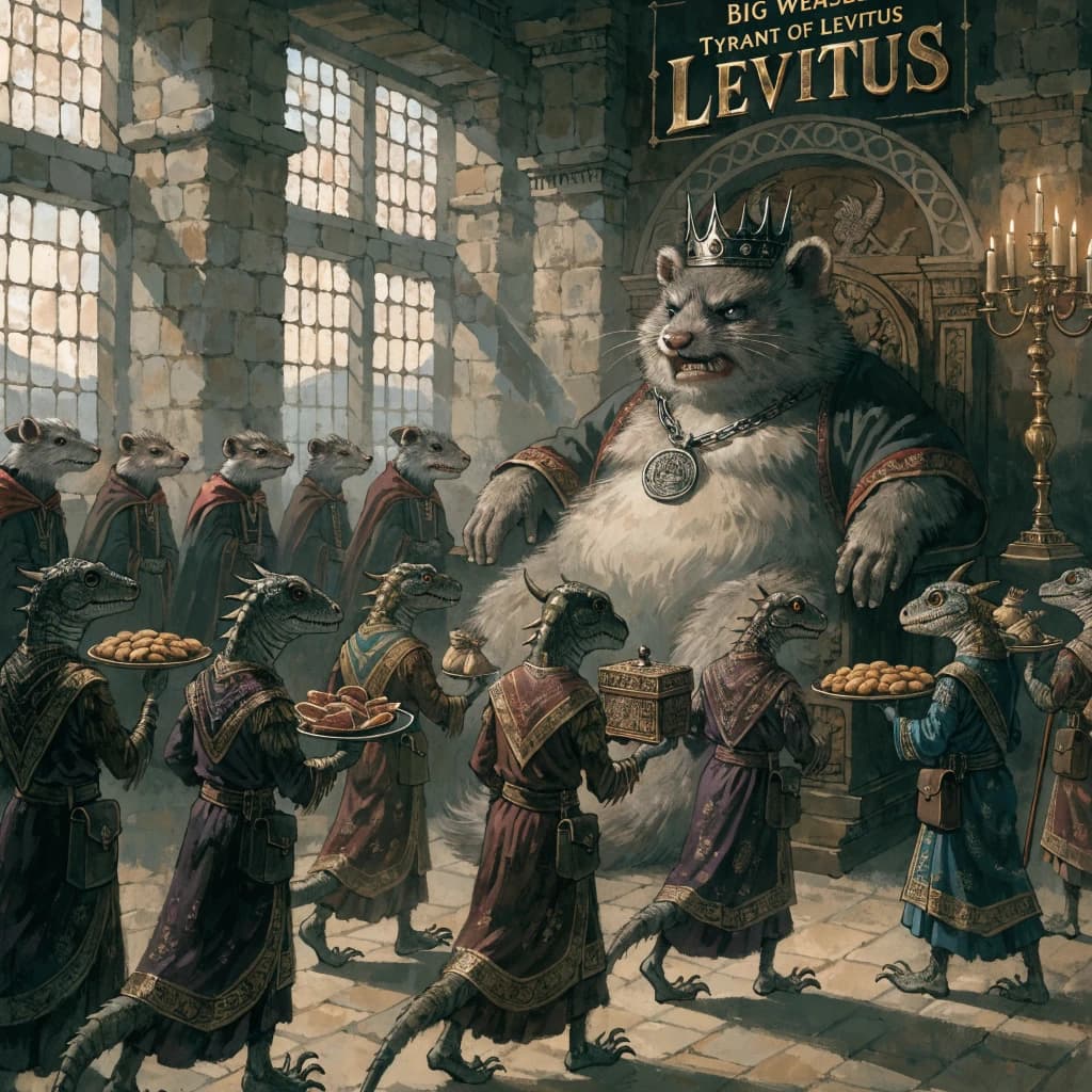 Big Weasel, the tyrannical ruler of the Levitus, slouches on his throne, his mood foul but somewhat brightened by the sight of gifts - a wearisome group of lizard traders adorned in fine silks proceed toward him through the hall with their annual tribute of biscuits, ham and gold - Big Weasel's favourites. Big Weasel's entourage looks on with stern approval.