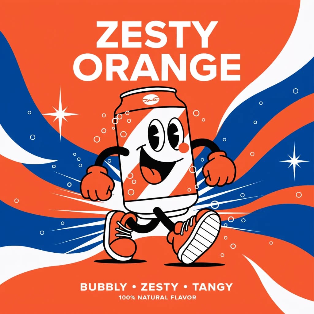 Design a bright soda billboard ad with a bubbly can mascot, thick inky lines.