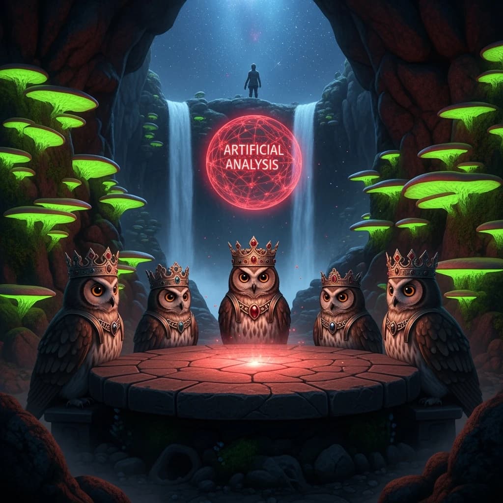 In a cavern lined with bioluminescent fungi glowing lime green, the council of owls wear jeweled crowns that glimmer with rubies, their wings folded behind their backs. Dust coats the stone table, a glowing orb inscribed with “Artificial Analysis” hovers above the table illuminating the owls with its red pulsating light. Behind them, a waterfall falls upward into a ceiling that opens onto stars - a child looks down in wonder from above at what he has stumbled across.