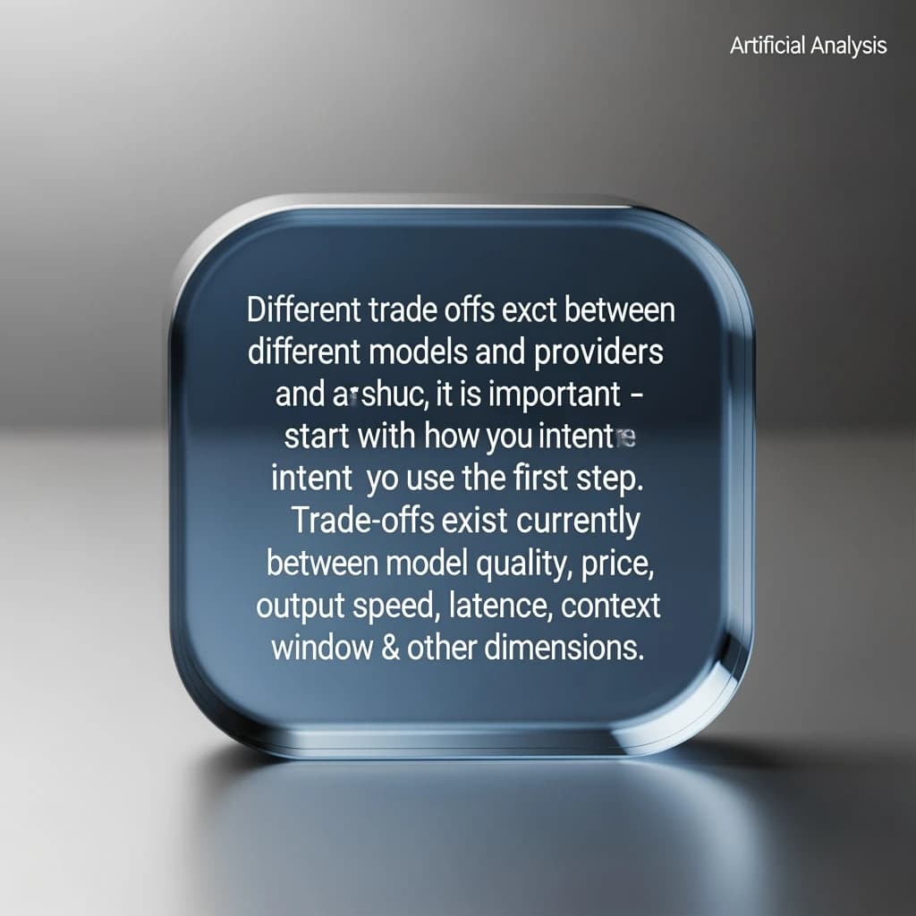 In a clear transparent blue glassy rounded box, etch "Different trade offs exist between different models and providers and as such, it is important to start with how you intend to use the model as the first step. Trade-offs exist currently between model quality, price, output speed, latency, context window & other dimensions. " in sans serif medium weight text. Artificial Analysis is watermarked over the top right 