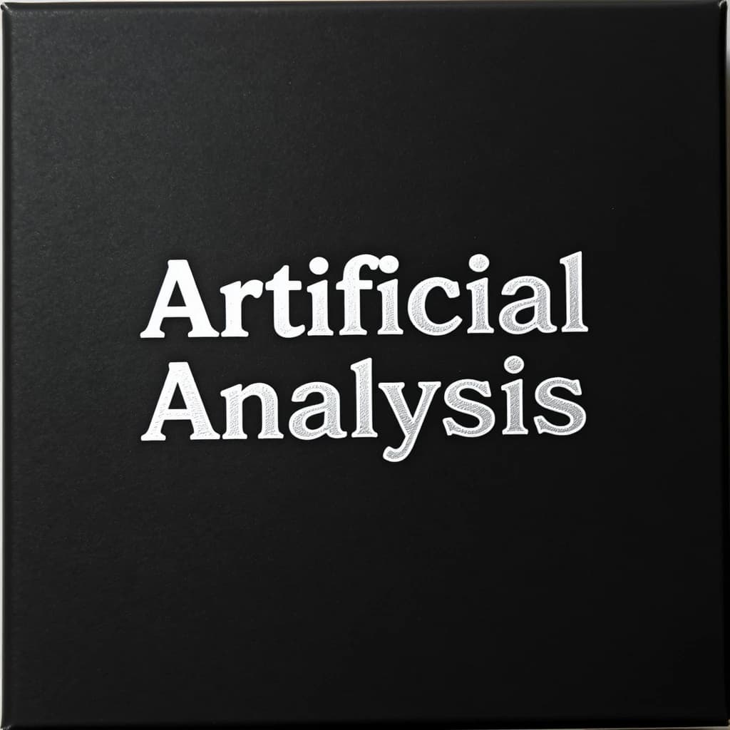 On the black box, silver foil embossing, centered: "Artificial Analysis" in Comic Sans Small Caps, perfectly justified. The letters are crisp, but the “Y” is duplicated faintly, ghosting right. On the box’s reflection, the word order is inverted: ARTIFICIAL ANALYSIS.