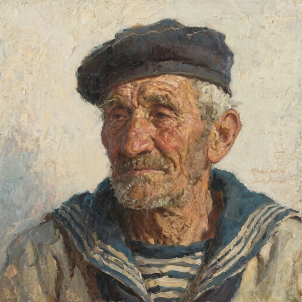 Oil on canvas portrait of an elderly sailor, weathered face, soft light.