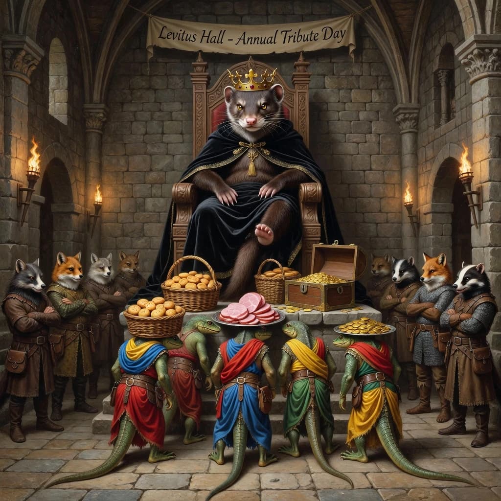 Big Weasel, the tyrannical ruler of the Levitus, slouches on his throne, his mood foul but somewhat brightened by the sight of gifts - a wearisome group of lizard traders adorned in fine silks proceed toward him through the hall with their annual tribute of biscuits, ham and gold - Big Weasel's favourites. Big Weasel's entourage looks on with stern approval.