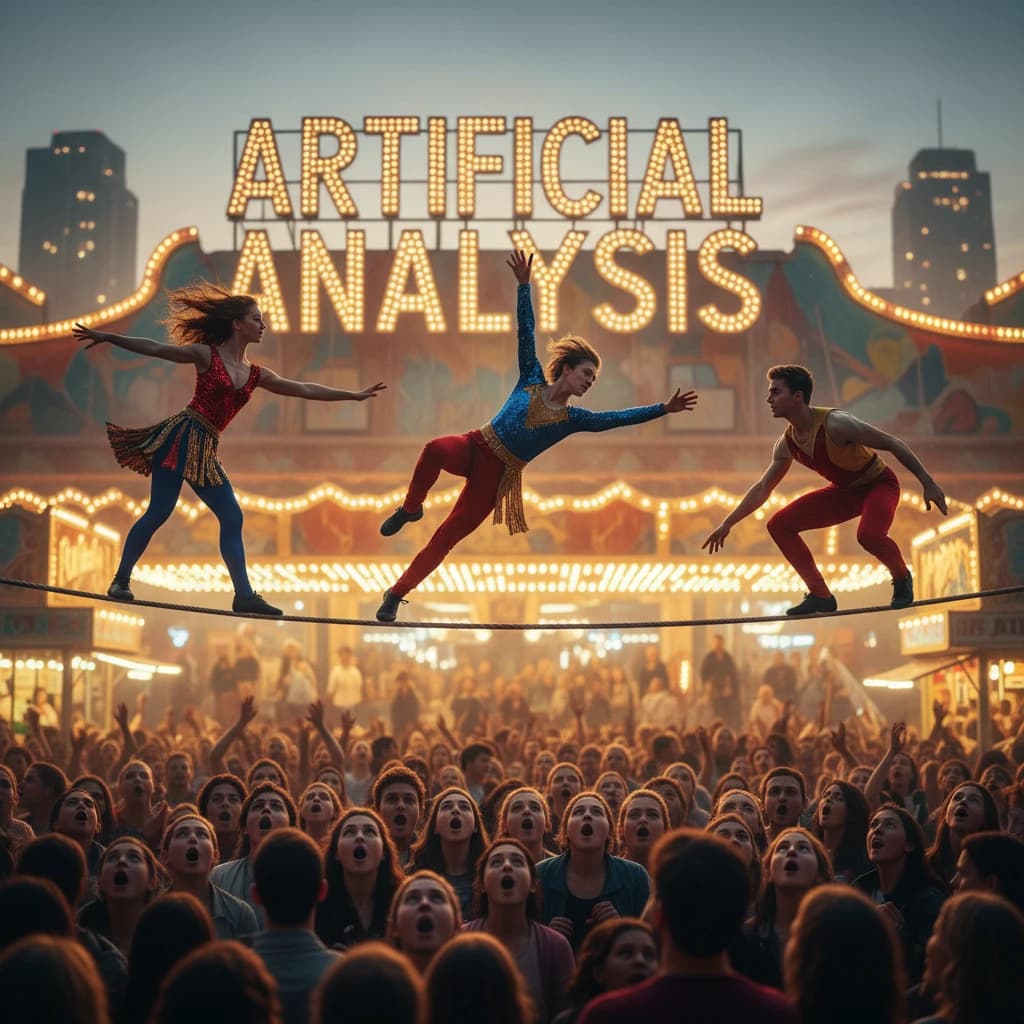 At dusk, high above a carnival crowd, three tightrope walkers balance on a single rope with no aids, one is off balance and grabbing at air. Below, the audience looks upward with baited anticipation. Artificial Analysis is spelled out in the background in carnival lights
