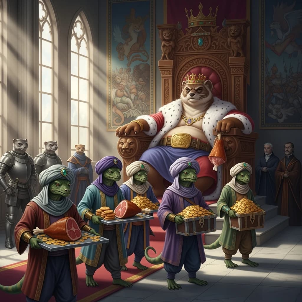 Big Weasel, the tyrannical ruler of the Levitus, slouches on his throne, his mood foul but somewhat brightened by the sight of gifts - a wearisome group of lizard traders adorned in fine silks proceed toward him through the hall with their annual tribute of biscuits, ham and gold - Big Weasel's favourites. Big Weasel's entourage looks on with stern approval.