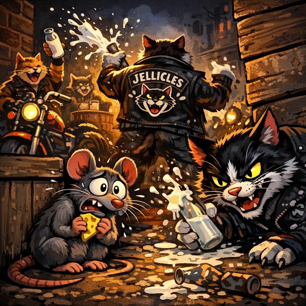 The cartoon rat clenches his thin wedge of cheese and trembles in fear as he hides from the menacing Jellicles, the roaming cat motorcycle gang, all wearing their colors with the name on the back. The cats have all drunk far too much milk and are causing a big ruckus! One cat is close to finding the rat