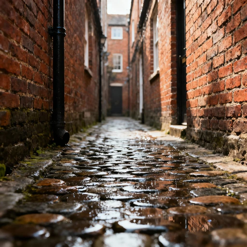Show a narrow brick alley with wet cobblestones.