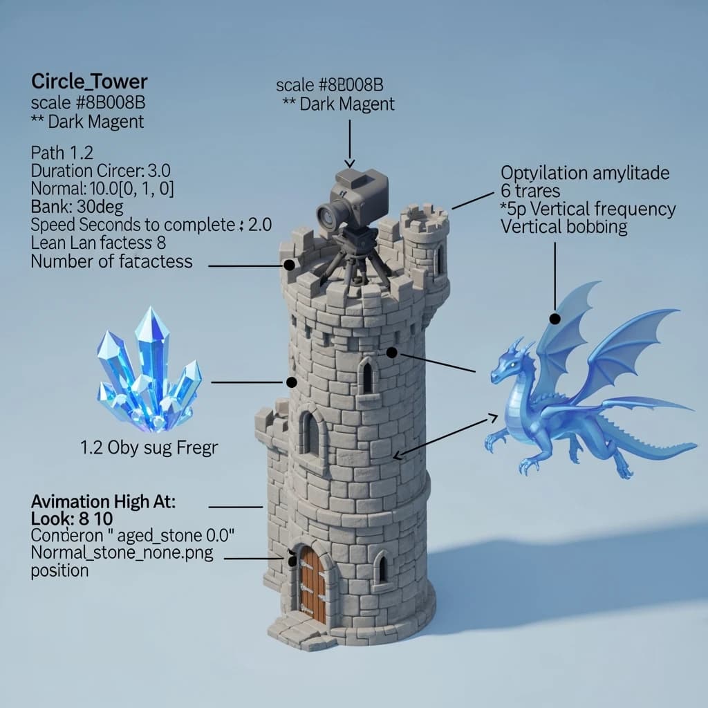 Render an isometric 3D crystal dragon circling a floating tower.