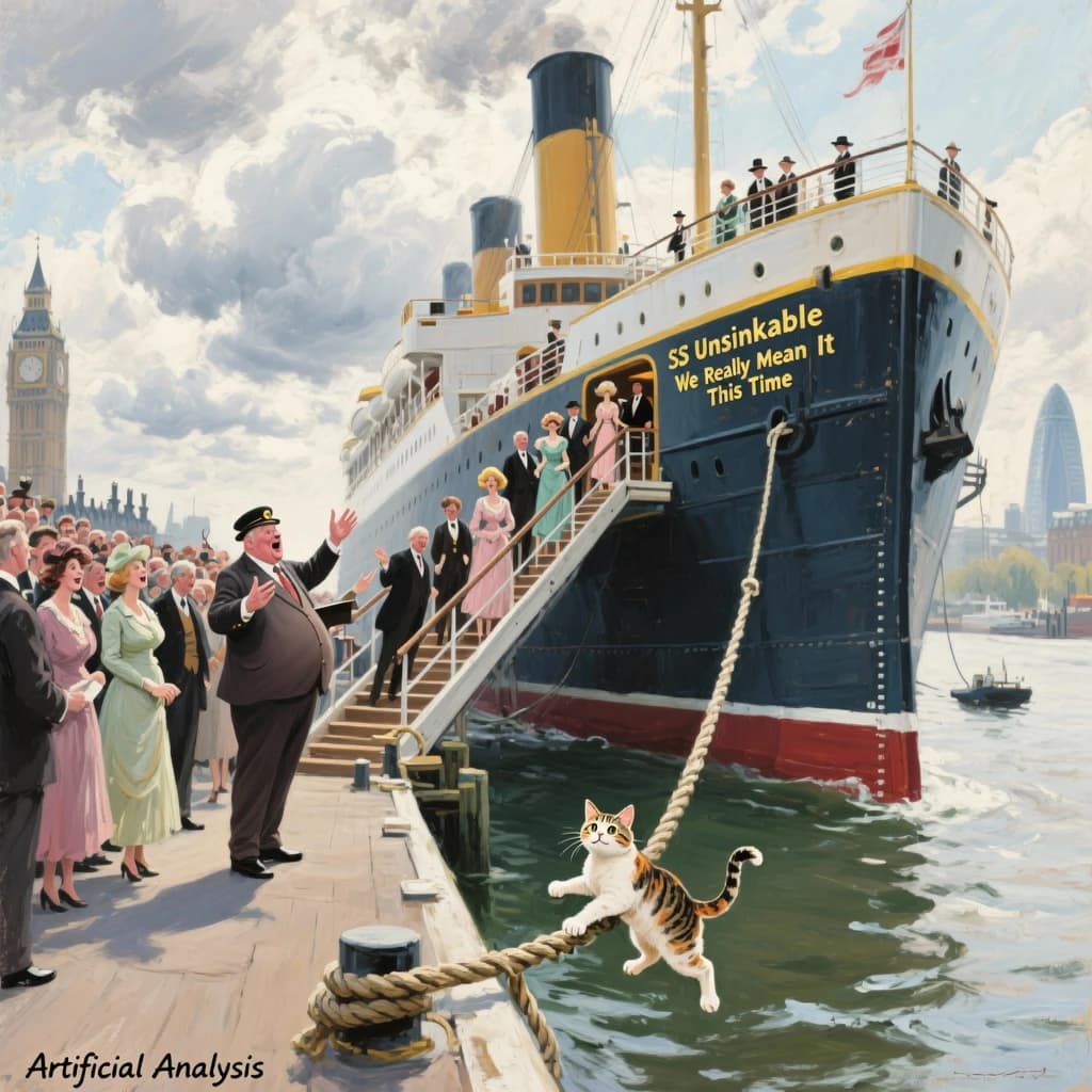 An impressionistic painting of the mighty steamer the "SS Unsinkable We Really Mean It This Time" on a cloudy but bright London morning about to set out on her maiden voyage. A jubilant crowd is gathered on the dock around the paunchy mayor who is making a speech, gesticulating wildly with his hands. The gangways are busy with well heeled ladies and gentlemen making their way onto the ship. A cheeky cat hangs over the water, clinging to the mooring rope after an ill-fated attempt to climb up. The artist has signed his name "Artificial Analysis" in the bottom corner