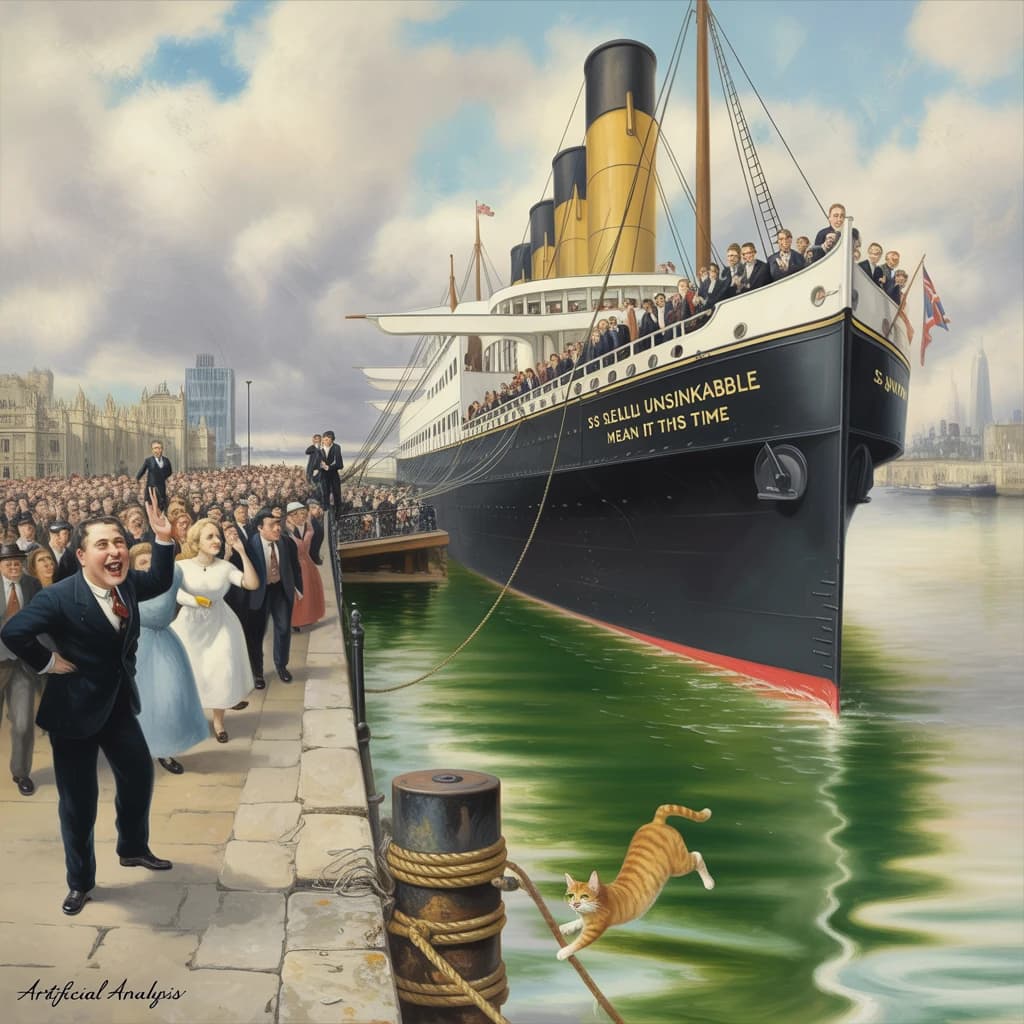 An impressionistic painting of the mighty steamer the "SS Unsinkable We Really Mean It This Time" on a cloudy but bright London morning about to set out on her maiden voyage. A jubilant crowd is gathered on the dock around the paunchy mayor who is making a speech, gesticulating wildly with his hands. The gangways are busy with well heeled ladies and gentlemen making their way onto the ship. A cheeky cat hangs over the water, clinging to the mooring rope after an ill-fated attempt to climb up. The artist has signed his name "Artificial Analysis" in the bottom corner