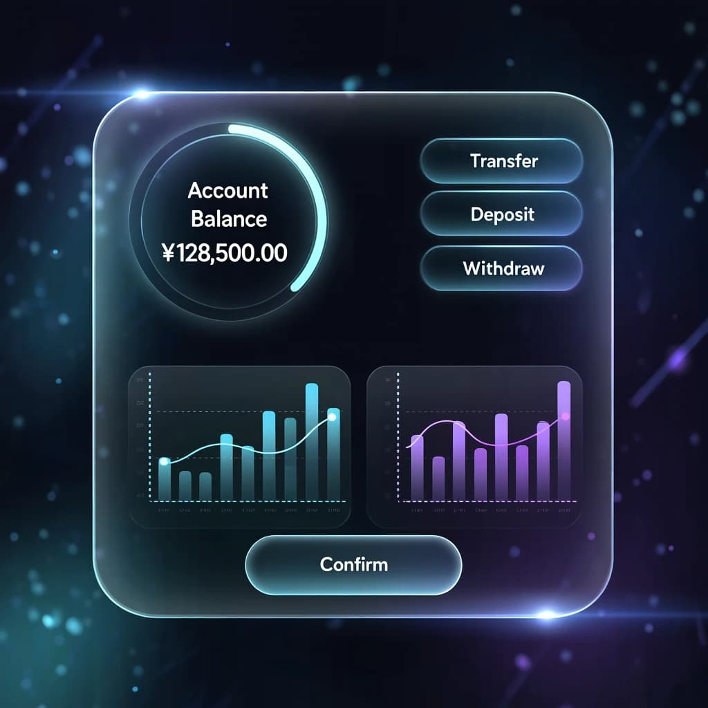 Dark mode banking dashboard with glassmorphism.