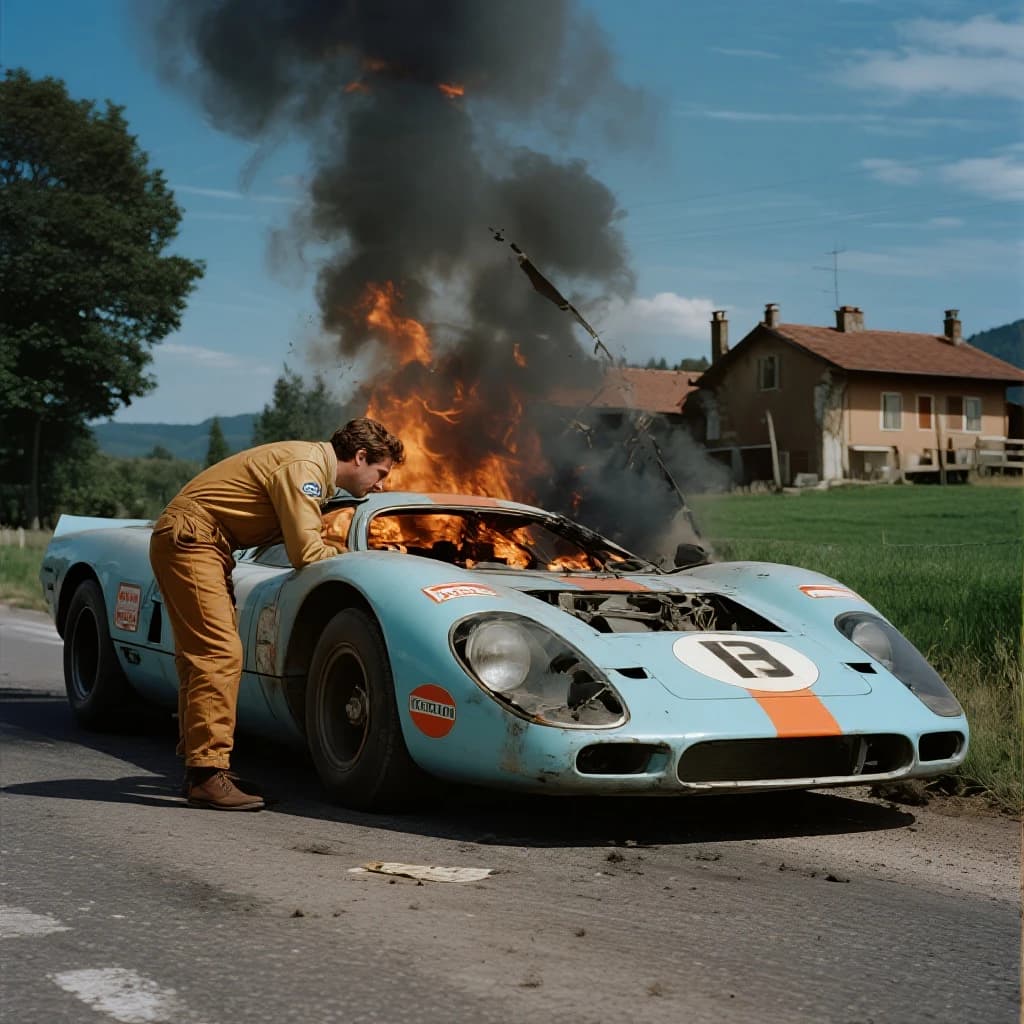 Mario examines the still smouldering wreck of the crash that took his best driver on the side of the country road. He designed this car and caused this. 3 days have passed since the crash. It's 1973 in Northern Italy.